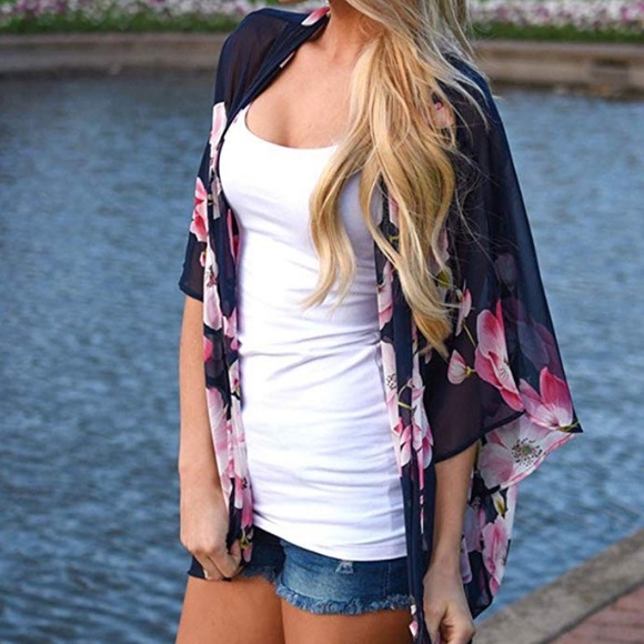Navy floral print chiffon kimono coverup - Picture 2 of 7